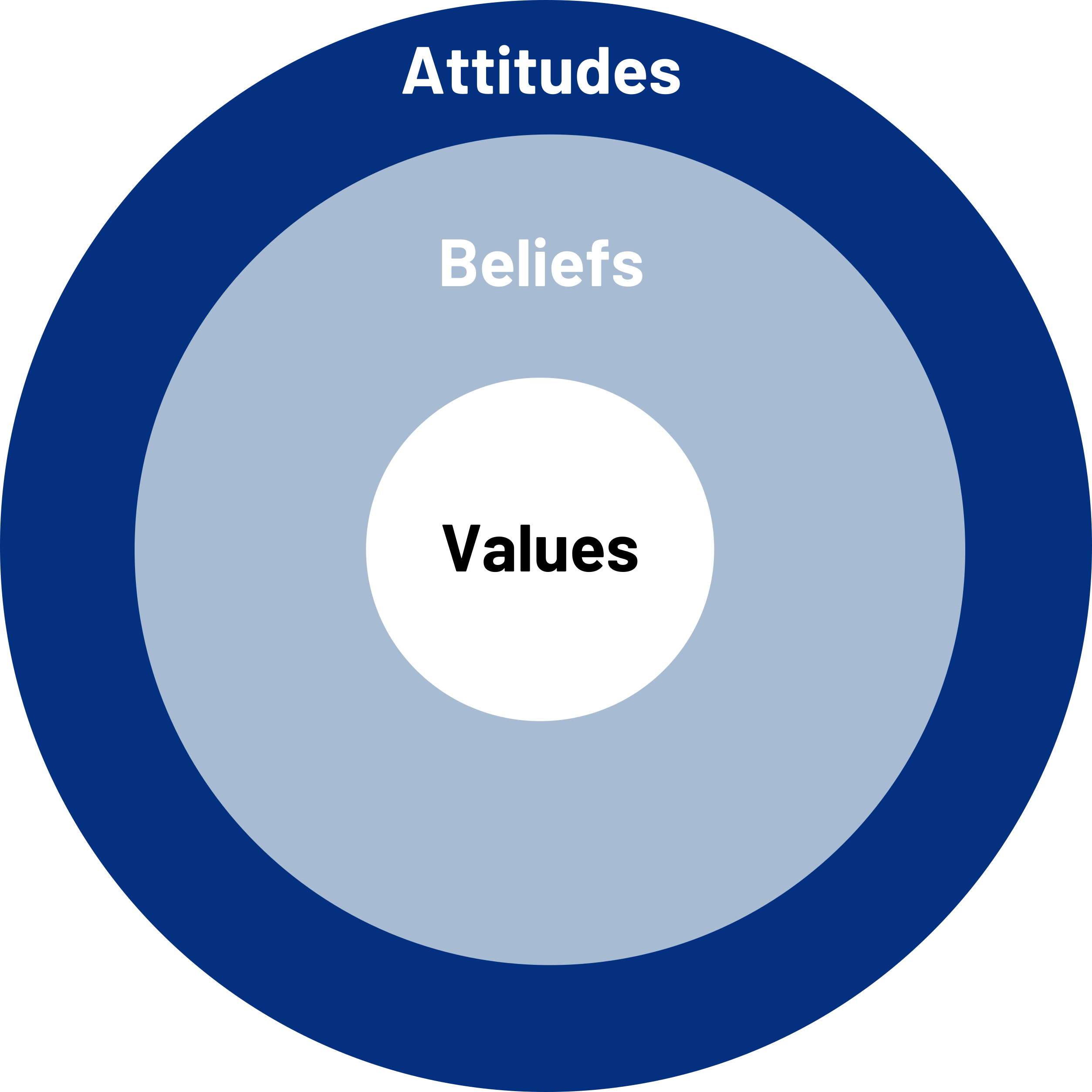 3 circles nested inside eachother. From outermost circle to the innermost: Attitudes, beliefs, values.