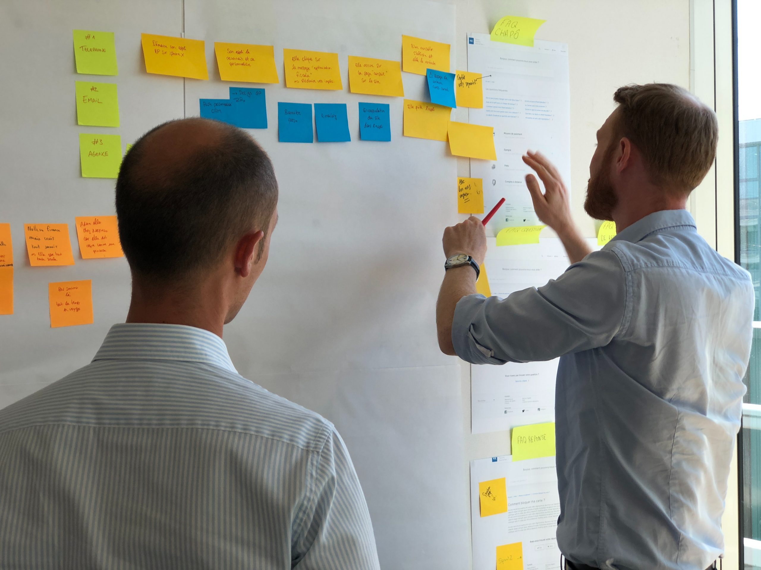 Two men move sticky notes around on a whiteboard.