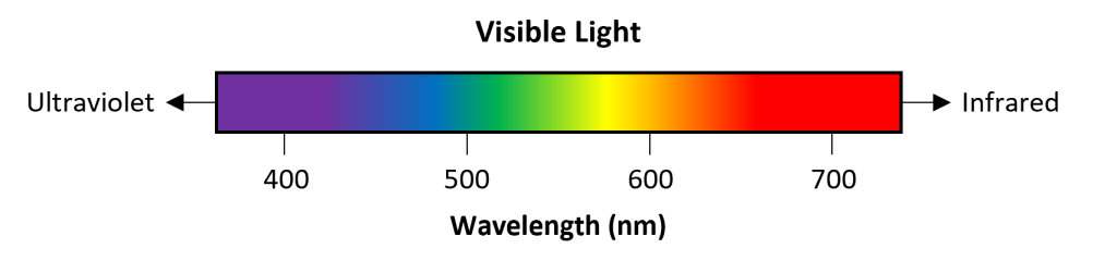 Diagram of the visible light spectrum, labeled with color and wavelength.